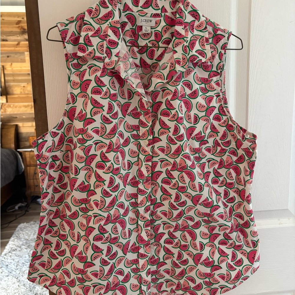 J. Crew White Sleeveless Button-Front Top with Pink Watermelon Print - Picture 2 of 5